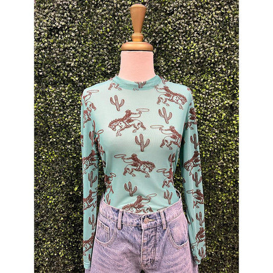 Turquoise Western 3D Cactus & Cowboy Mesh Top