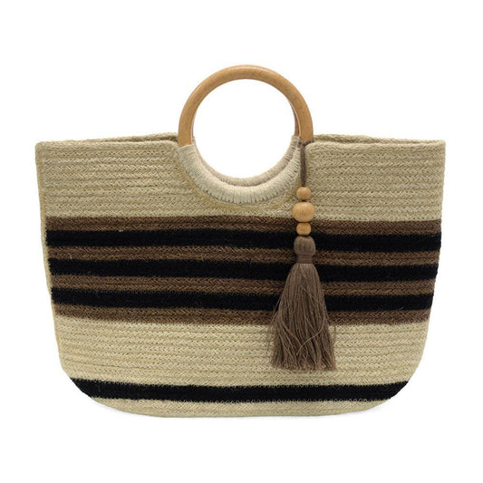 Striped Teagan Wood Handle Jute Tote With Tassel