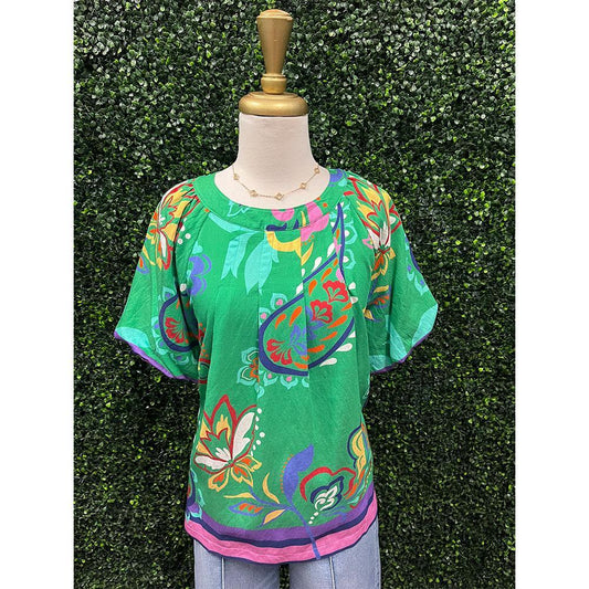 Keely Island Green Border Print Blouse