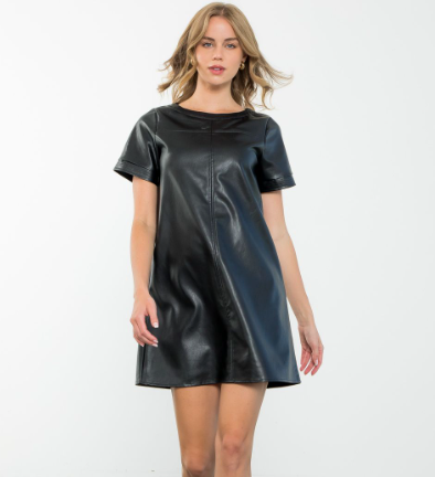 Black Leather Short Sleeve Dress