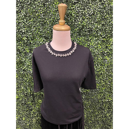 Elain Neck Embellish Tee in Black