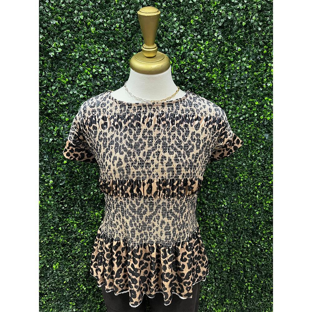 Almond Velvet Leopard Smocked Top