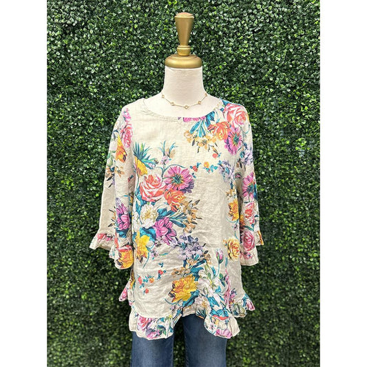 Anna Beige Floral Linen Top