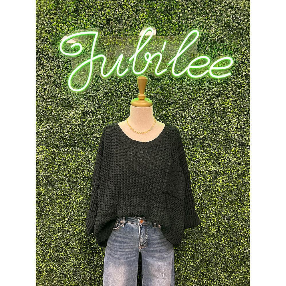 Black Cuffed Sleeve Chenille Cable Knit Sweater