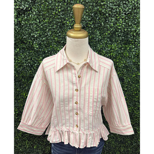 Vanilla Blush  Striped Ruffle Hem Button Up Blouse