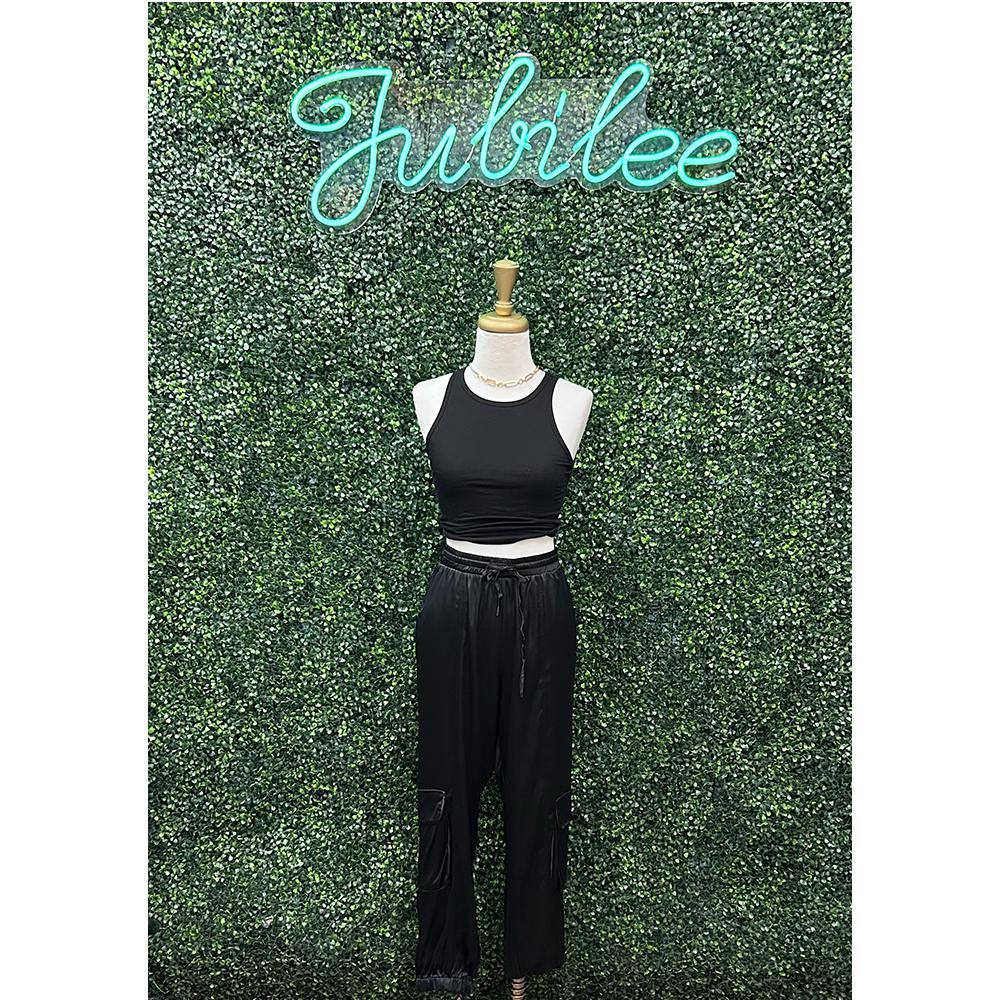 Aura Black Satin Cargo Pant