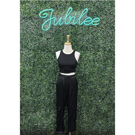 Aura Black Satin Cargo Pant