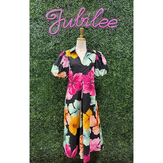 Vera Black Floral Midi Dress
