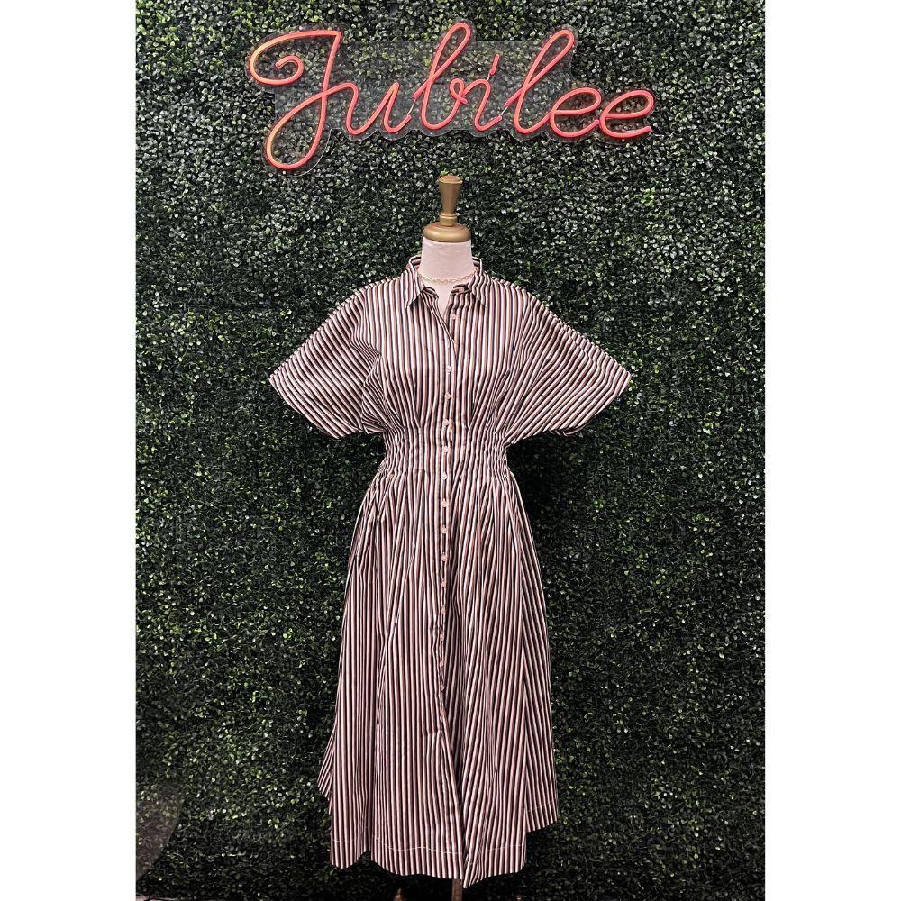Brown Stripe Pleated Midi Dress