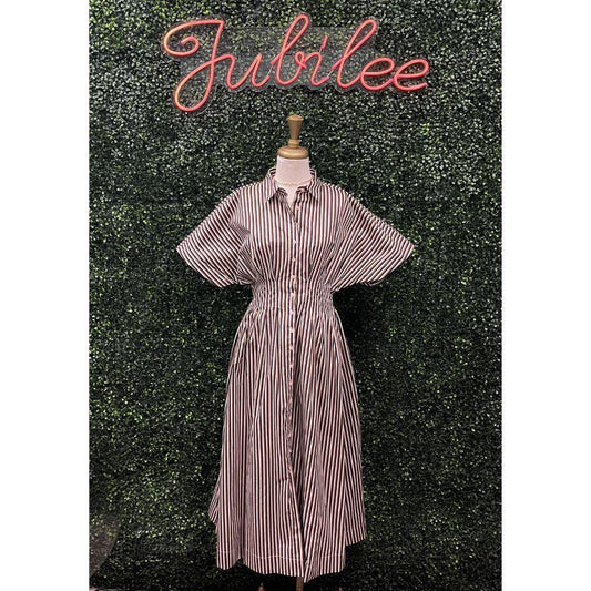 Brown Stripe Pleated Midi Dress