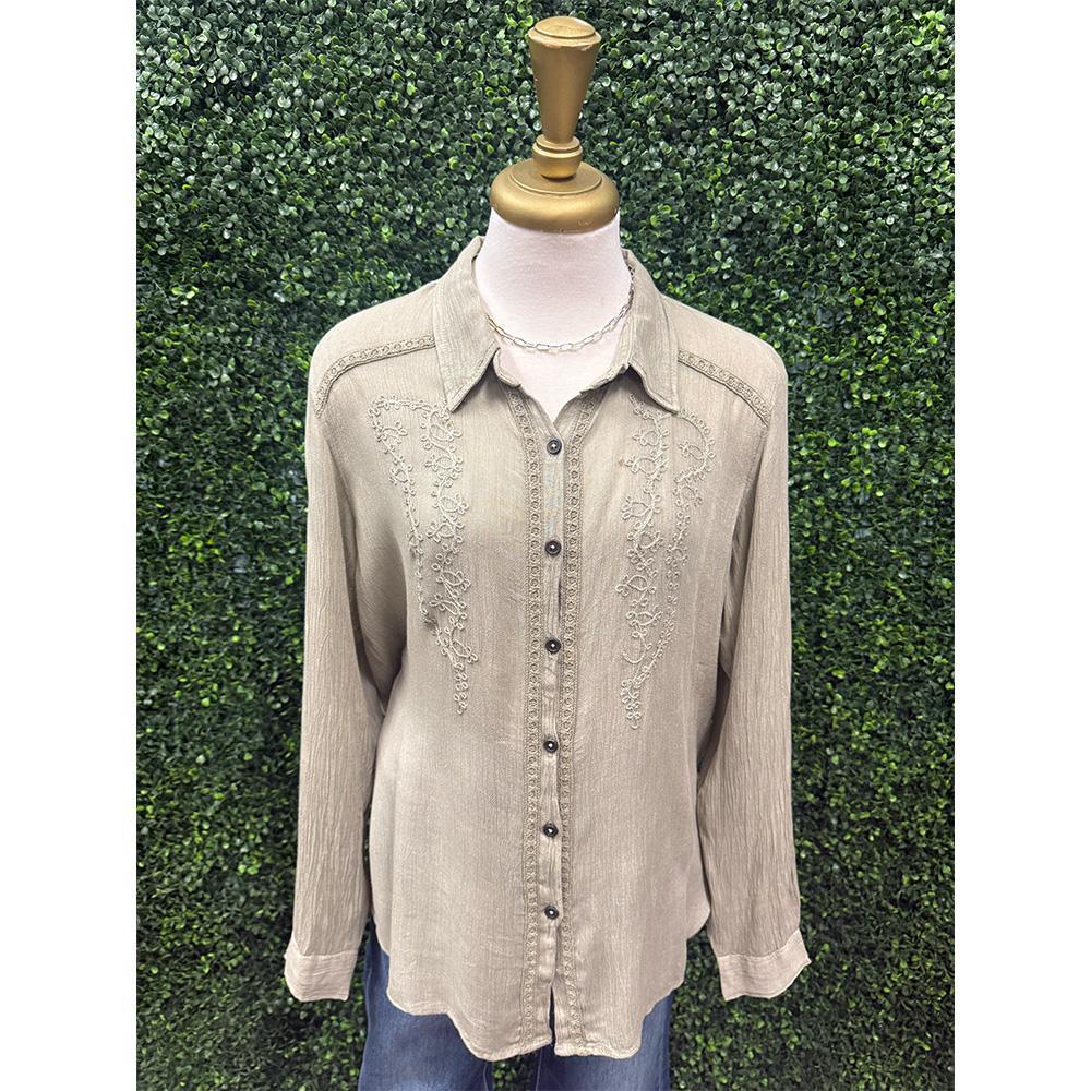 Sage Embroidered Button Down Top