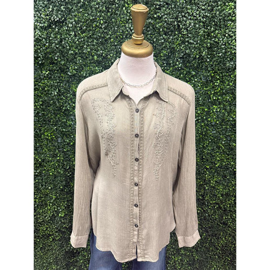 Sage Embroidered Button Down Top