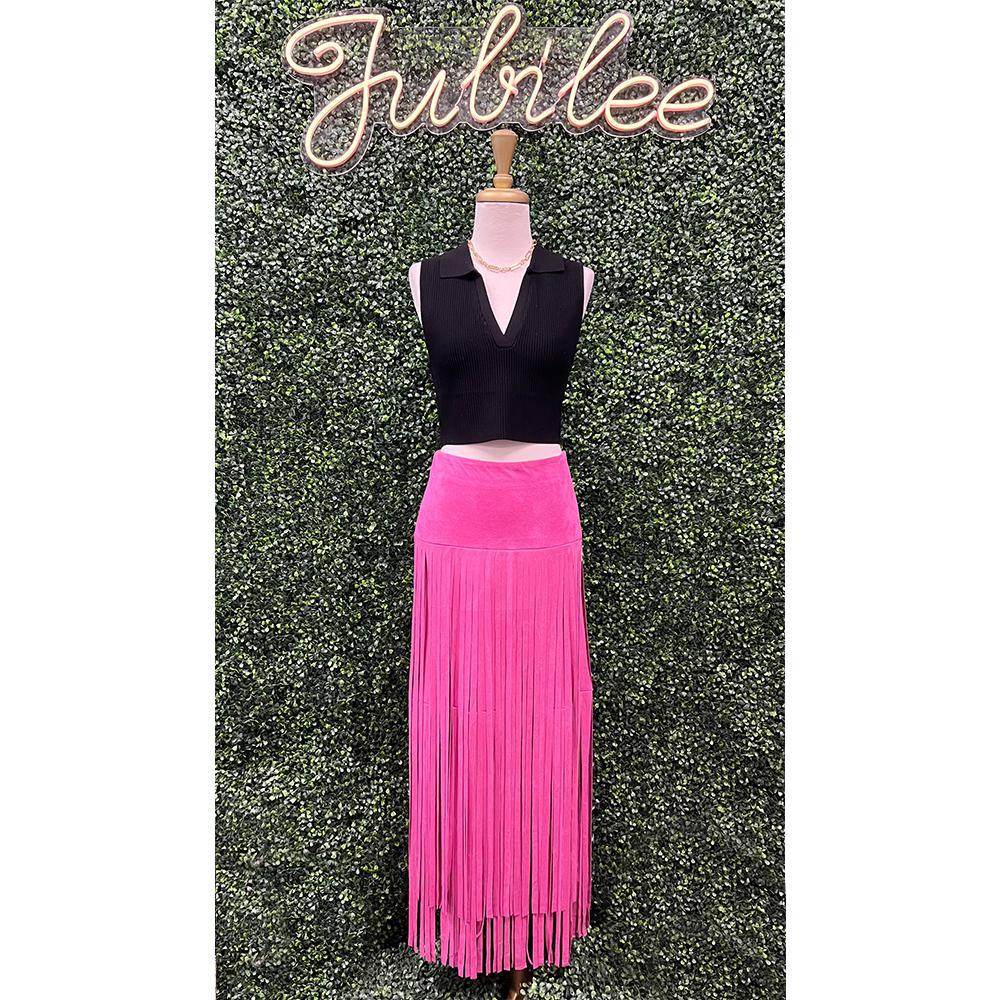 Fuchsia Suede Fringe Skirt