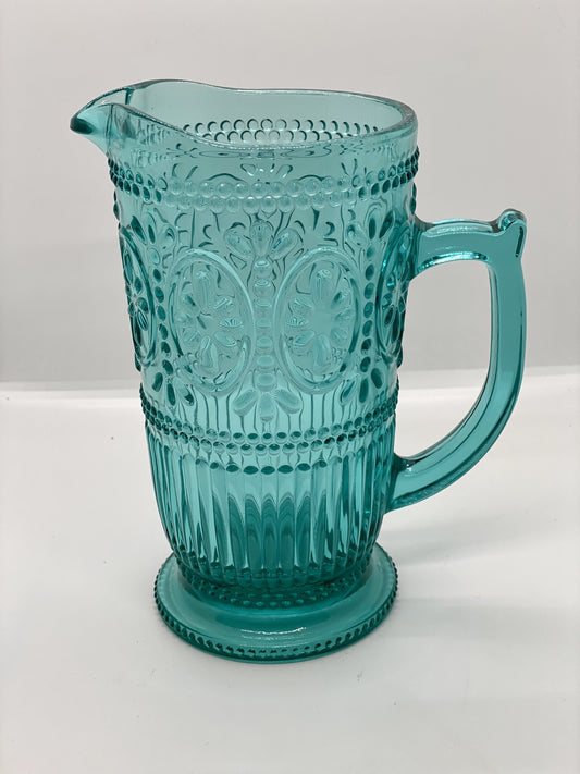 Turquoise Cut Glass Pitcher