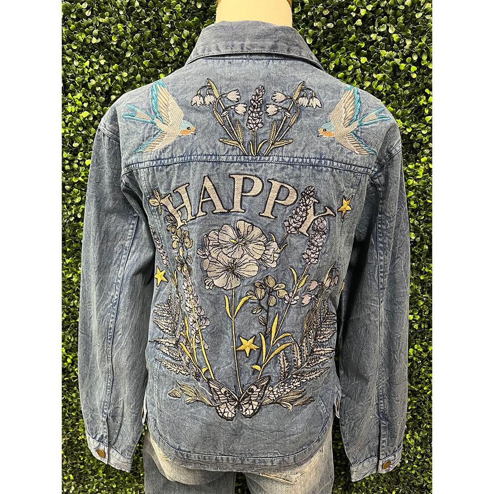 Kira Denim Happy Embroidered Jacket