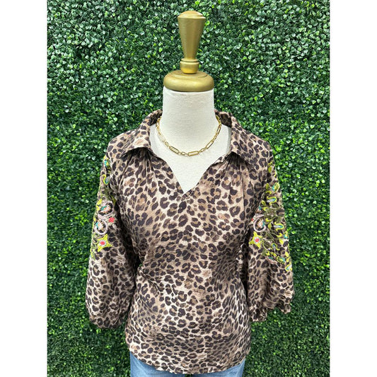 Jeanine Olive Embroidered Leopard Top