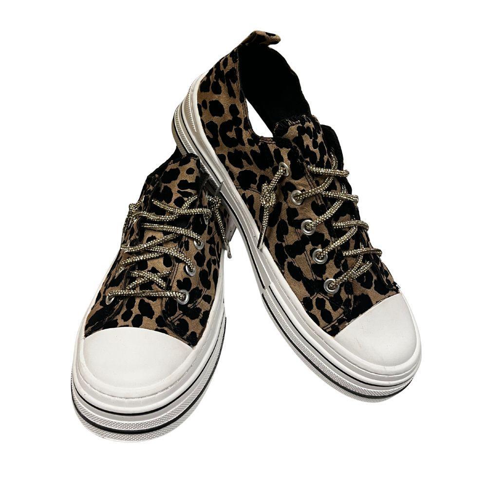 Taupe Leopard Suede Aman Glitter Lace Up Canvas Sneaker