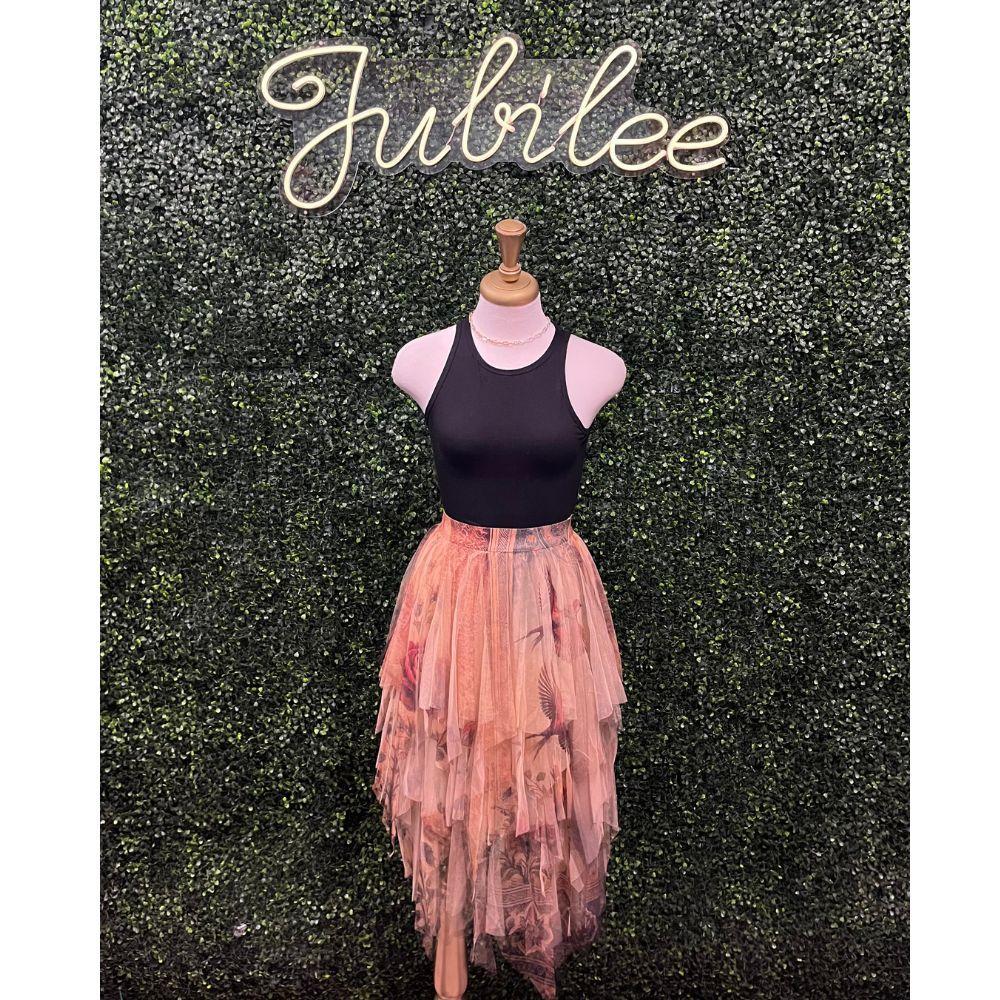 Vintage Bird Tiered Tulle Midi Skirt