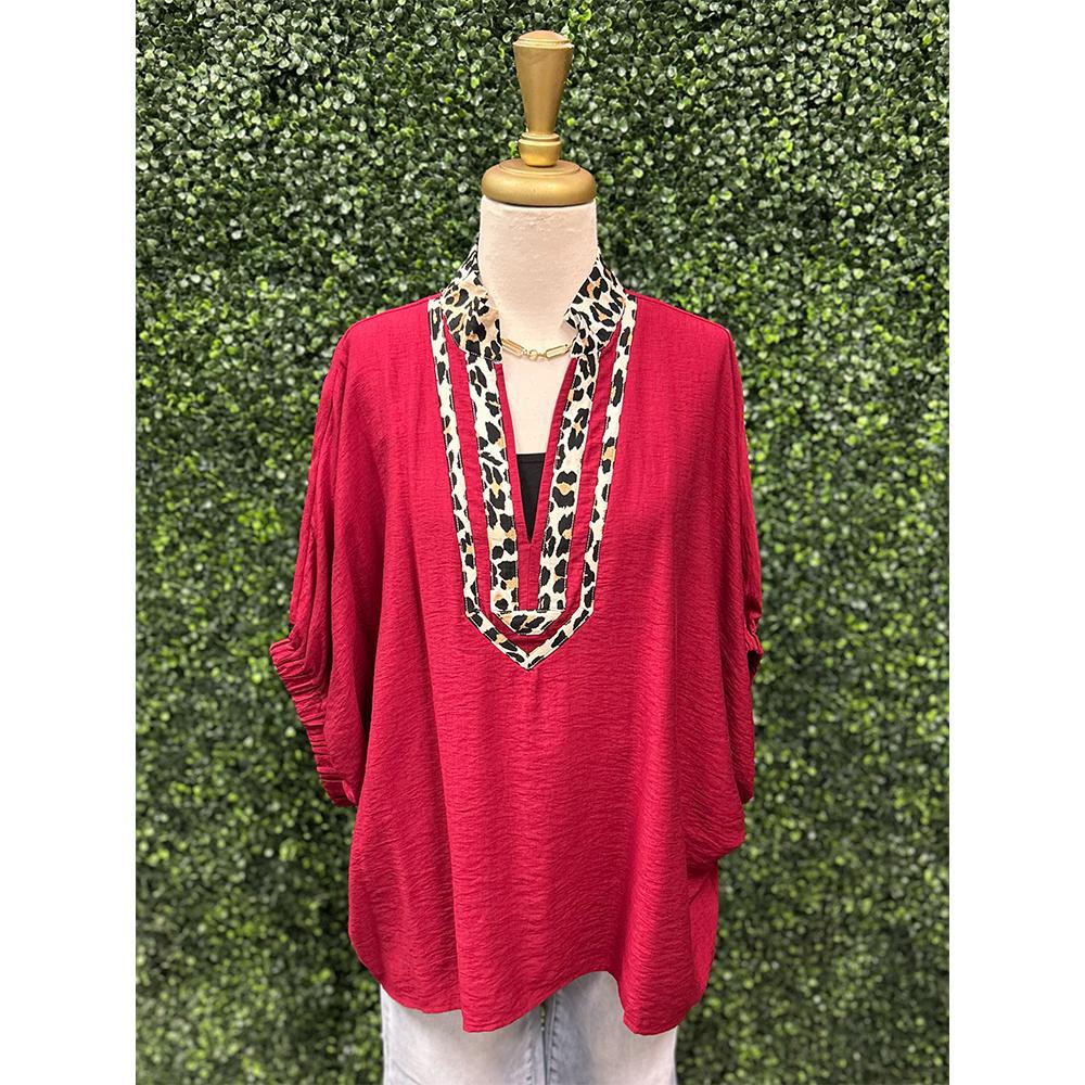 Elaine Maroon Leopard Accent Top