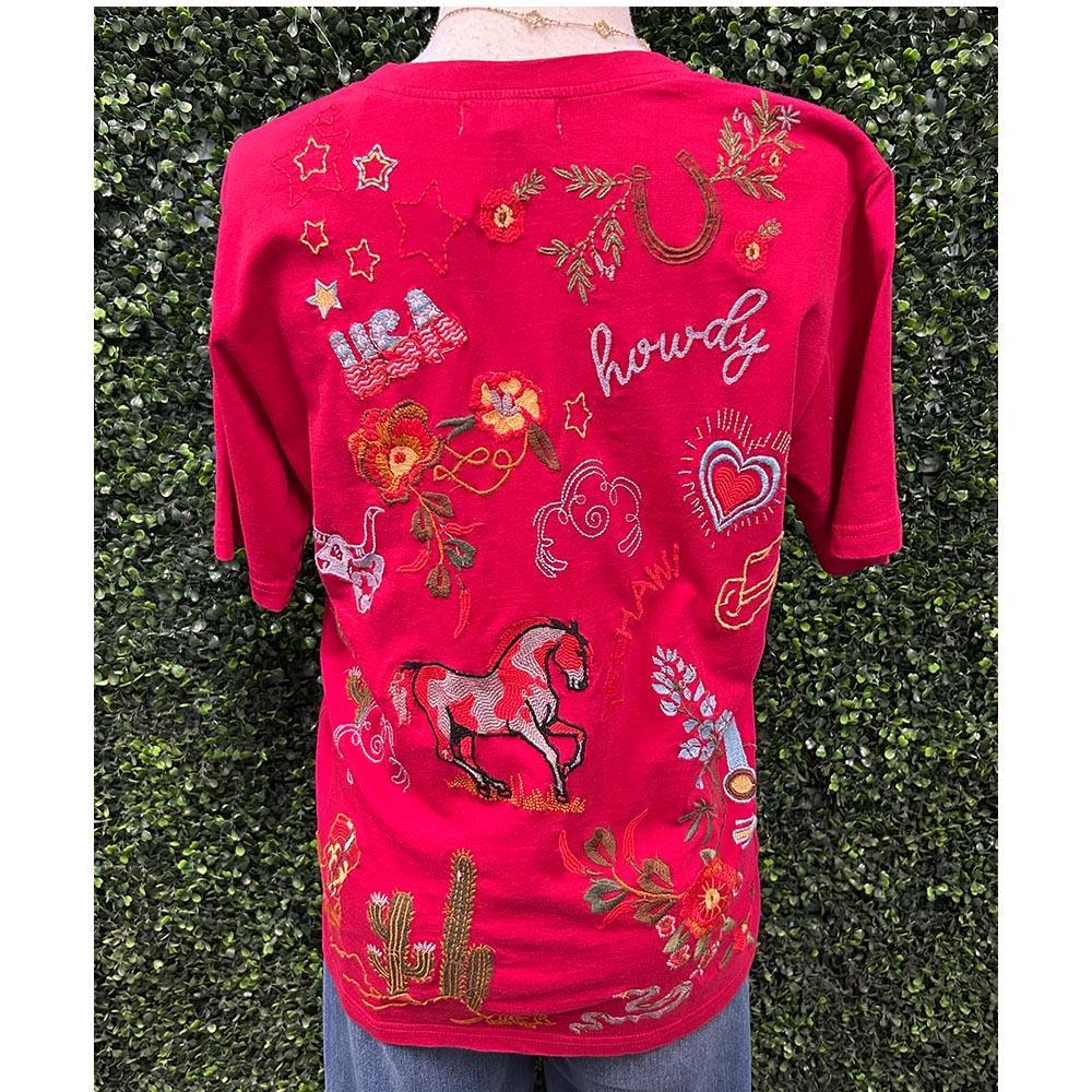 Red Howdy Embroidered Tee