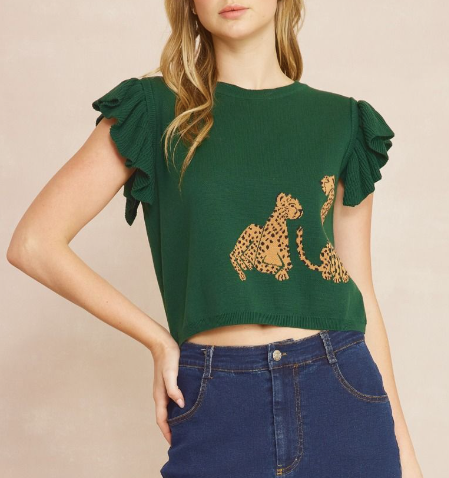 Hunter Green Cheetah Print Crop Top Sweater