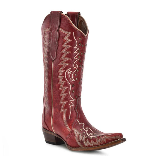 Women's Embroidery and Studs Red Snip Toe Boot