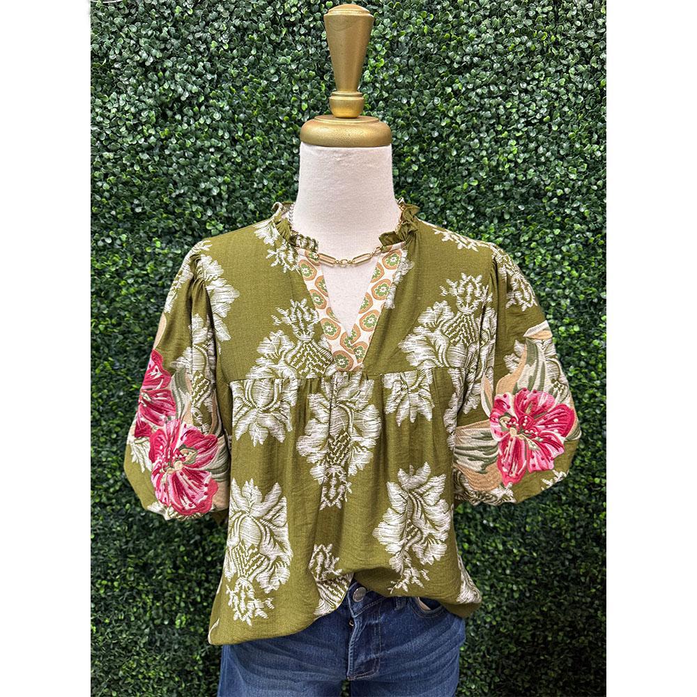 Nessa Olive Embroidered Puff Sleeve Floral Top