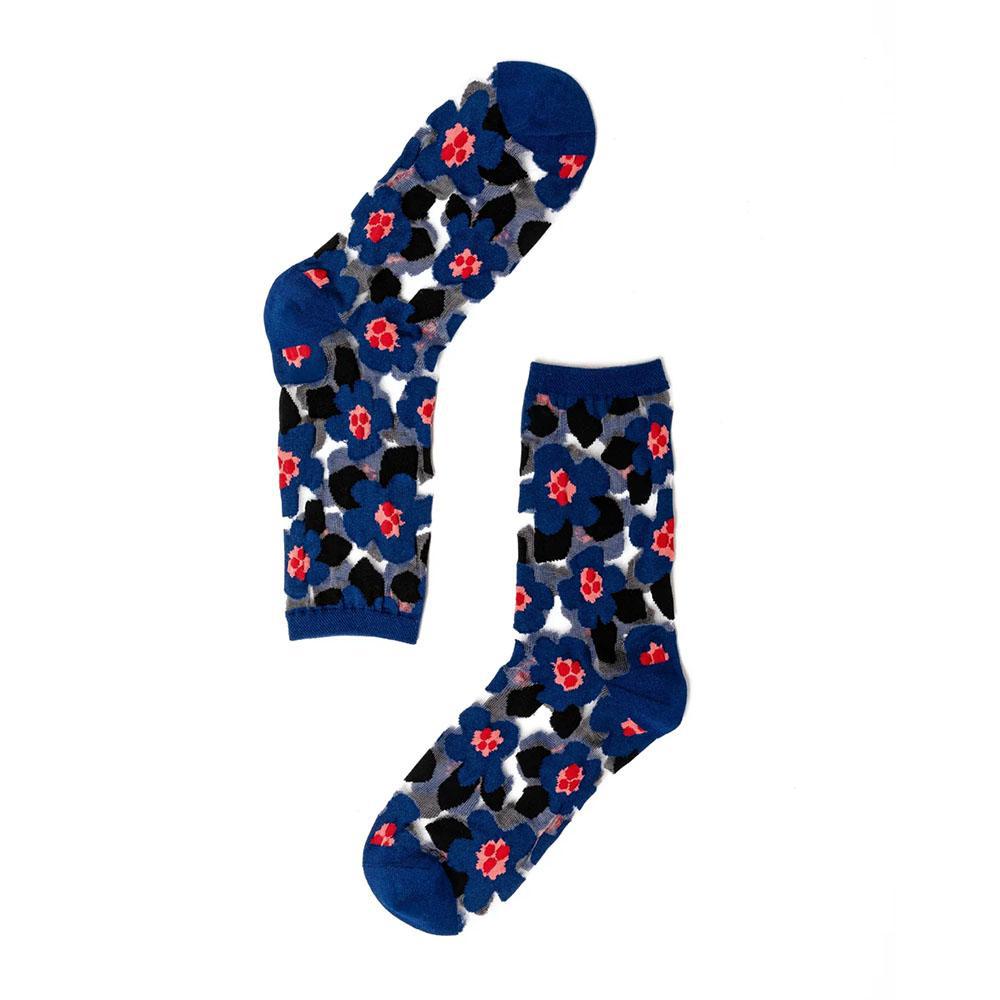 Bold Blue Floral Sheer Crew Sock