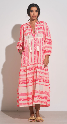 Neon Pink Print V-Neck Kaftan Dress