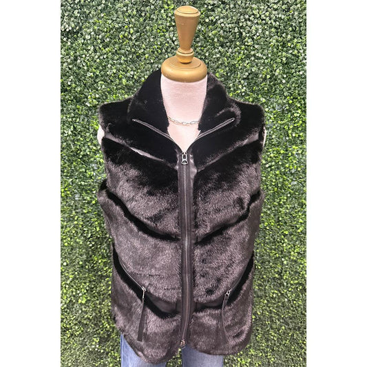 Kayla Black Chevron Panel Faux Fur Vest