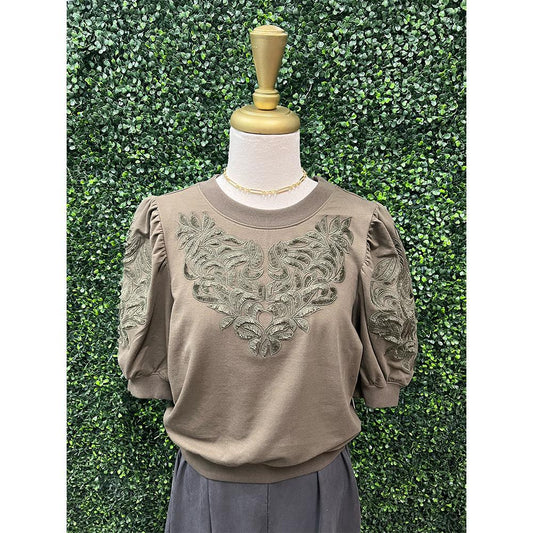 Olive Green Embroidered Puff Sleeve Top