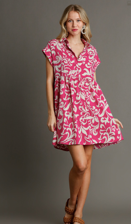 Two Tone Hot Pink Abstract Print Collared Baby Doll Dress