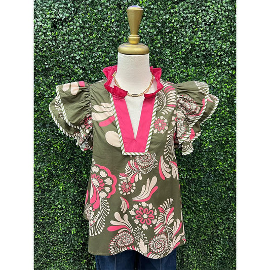 Paisley Olive & Pink Flutter Sleeve Top