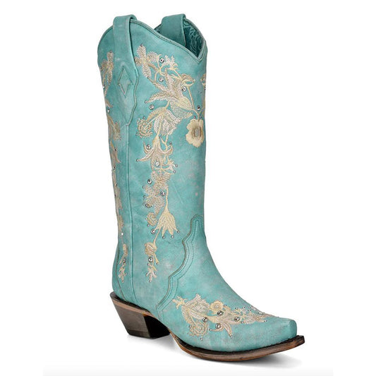 Turquoise Floral Embroidered Cowboy Boots with Crystals A4239