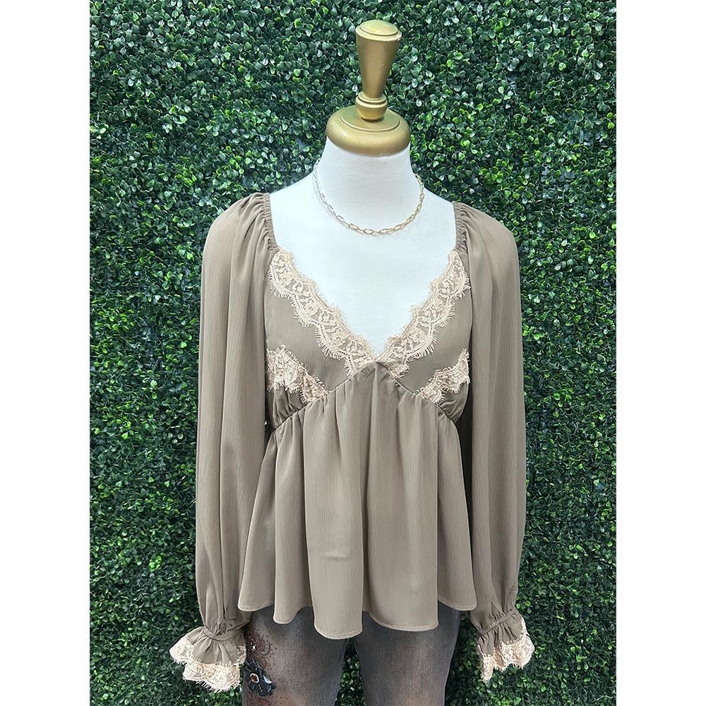 Greige Romantic Lace-Trim Woven Top