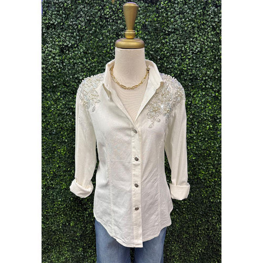 Arabella Ivory Beaded Button Down Top