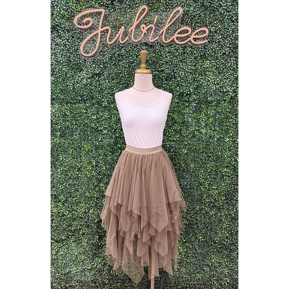 Kassandra Olive Tulle Tiered Midi Skirt