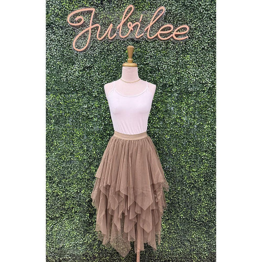 Kassandra Olive Tulle Tiered Midi Skirt
