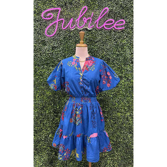 Persephone Blue Puff Sleeve Floral Dress