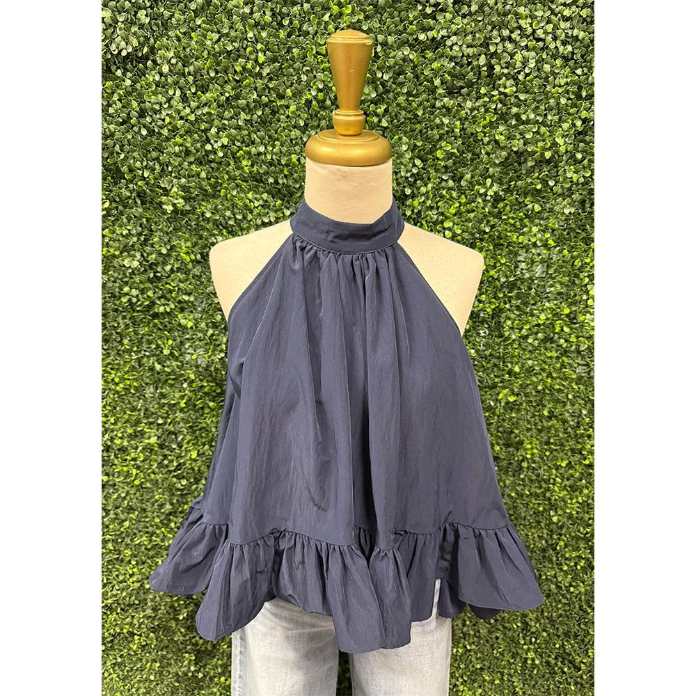 Navy Halter Ruffle Top