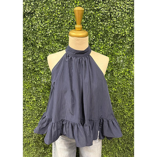 Navy Halter Ruffle Top