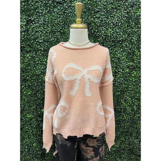 Salmon Ribbon Pattern Pearl Embellished Sweater