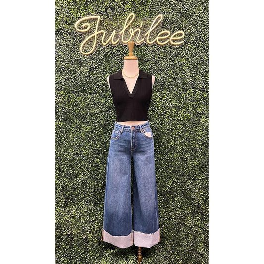 High Rise Crop Wide Cuffed Jeans