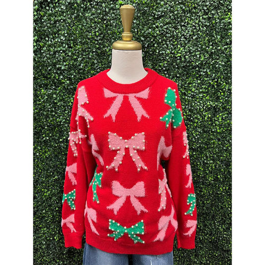 Red Bow & Pearl Embellished Detail Long Sleeve Sweater