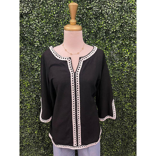 Jenay Black Embroidered Linen Top