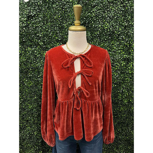 Carmine Velvet Bubble Sleeve Blouse