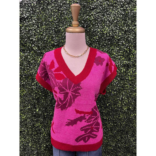 Hot Pink & Ruby Floral Print Sweater Vest