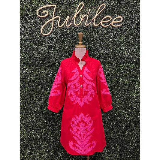 Krissy Red Floral Appliqué Shift Dress