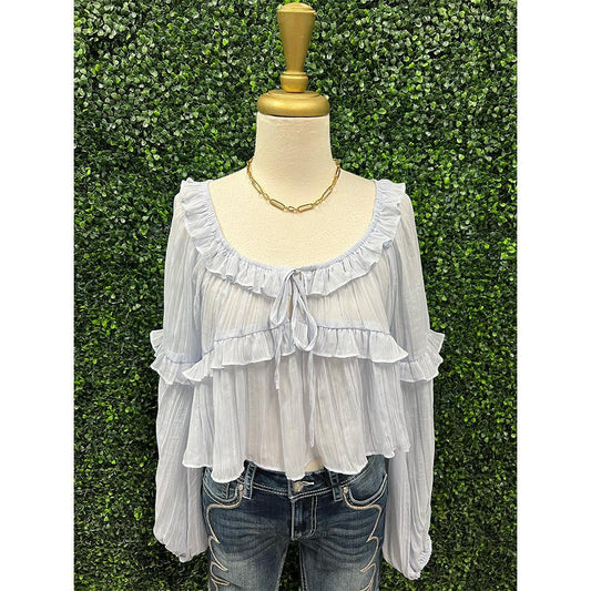 Vivvy Baby Blue Scoop Neck Ruffle Detail Blouse