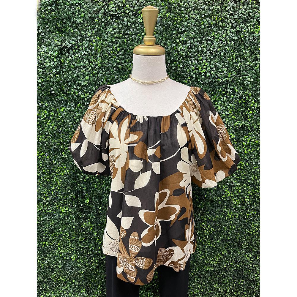 Carisia Floral Camel Mix Puff Sleeve Top